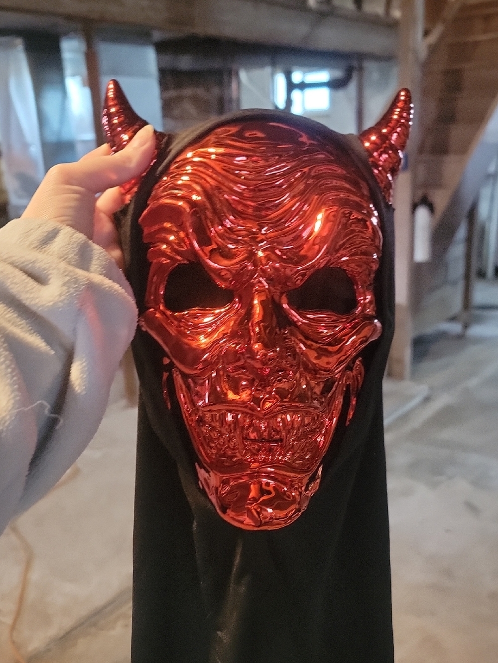 Red Metallic Devil Skull Mask with Hood